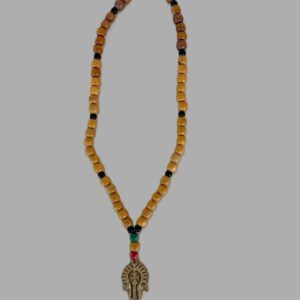 Collier perles bois beige et pendentif croix dorée